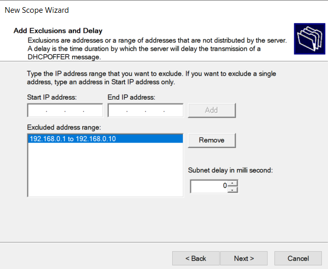 configure dhcp ip exclusions