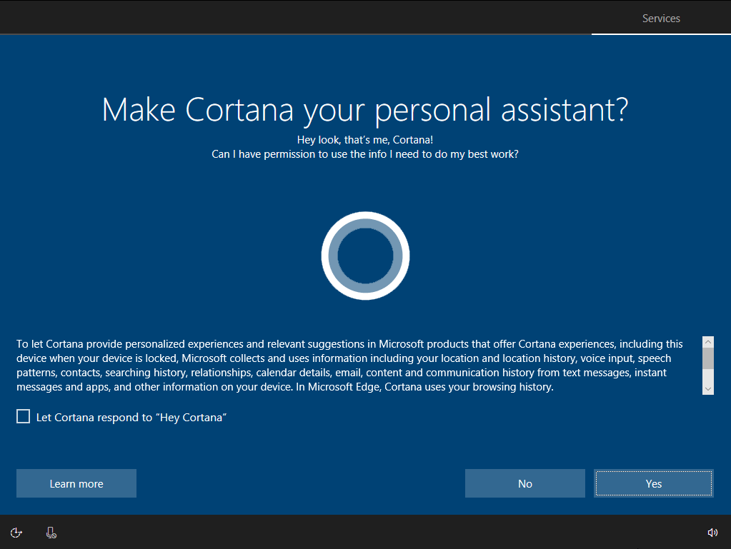 Cortana setup.