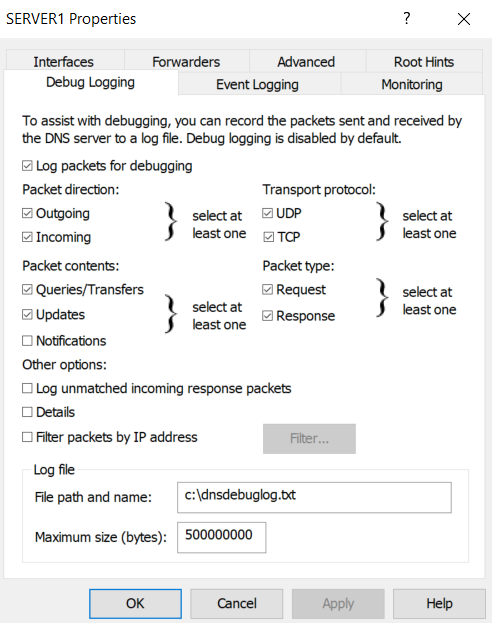 DNS debug log settings