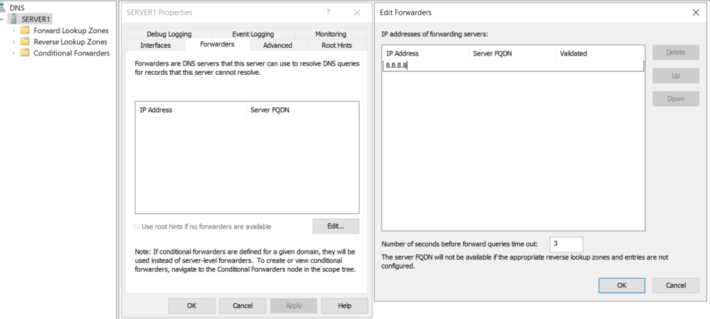 Windows Server 2019 DNS forwarder settings.